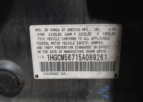 2005 Honda Accord 2.4 Ex z USA, uszkodzony, nr VIN 1HGCM56715A089261